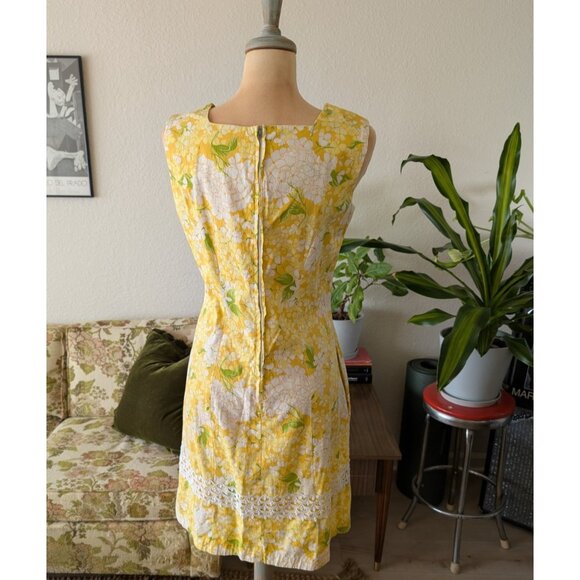 Dash About Dress VTG 60s Women's Yellow Cotton Rayon Floral A Line Mod Size 14 - Picture 4 of 11